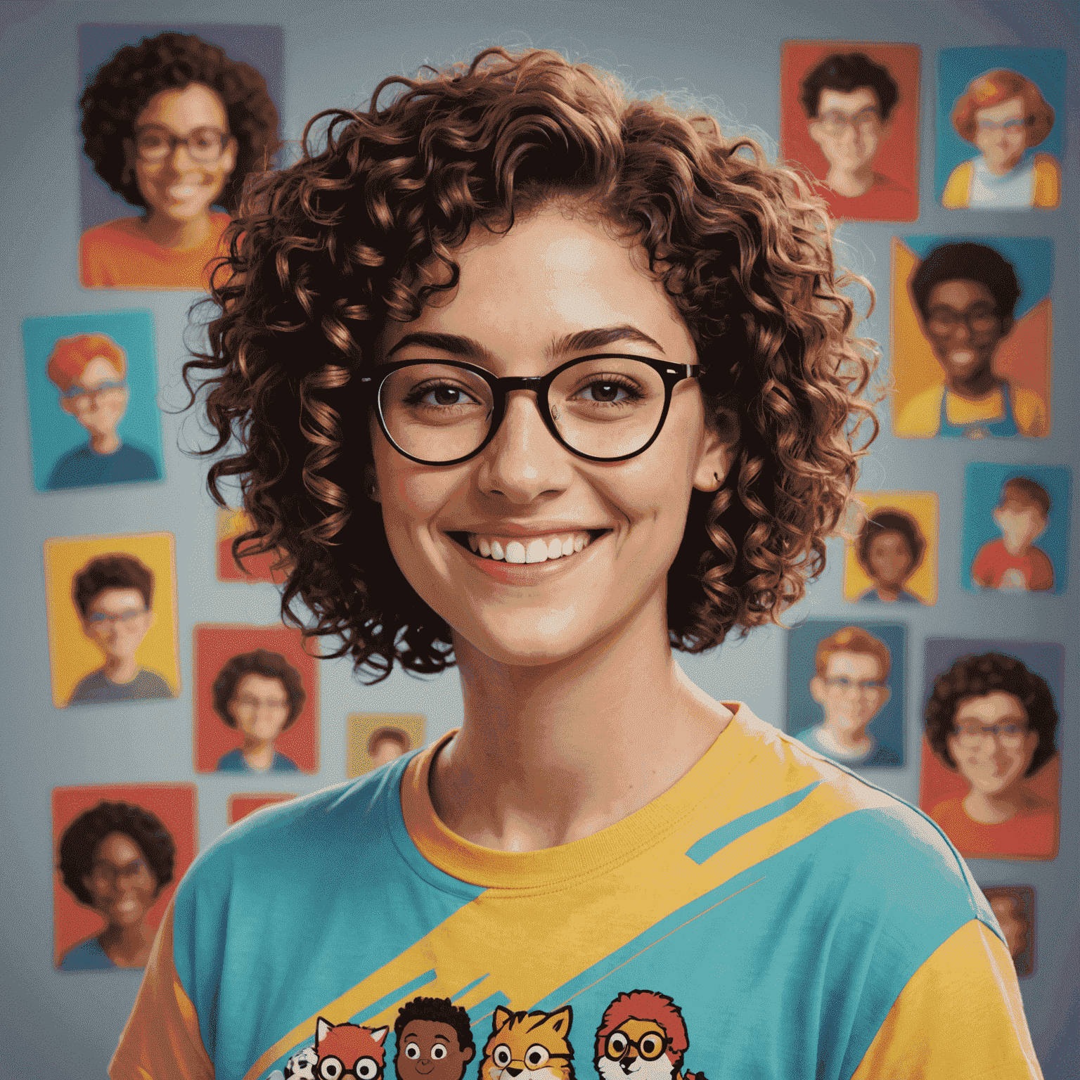 Sarah Johnson, a young woman with short curly hair and glasses, smiling at the camera. She is wearing a colorful t-shirt with animated characters.