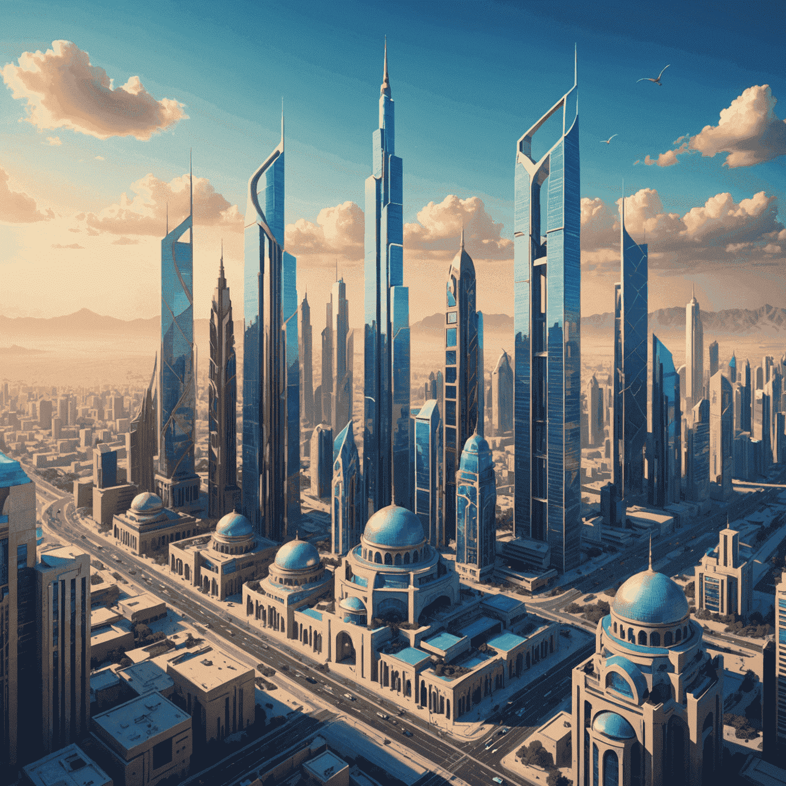 A futuristic cityscape blending modern skyscrapers with traditional Arabian architecture, all rendered in a 2D animation style reminiscent of FlipAClip artwork. The image showcases vibrant colors and fluid lines, emphasizing the fusion of technology and artistry in 2D animation.