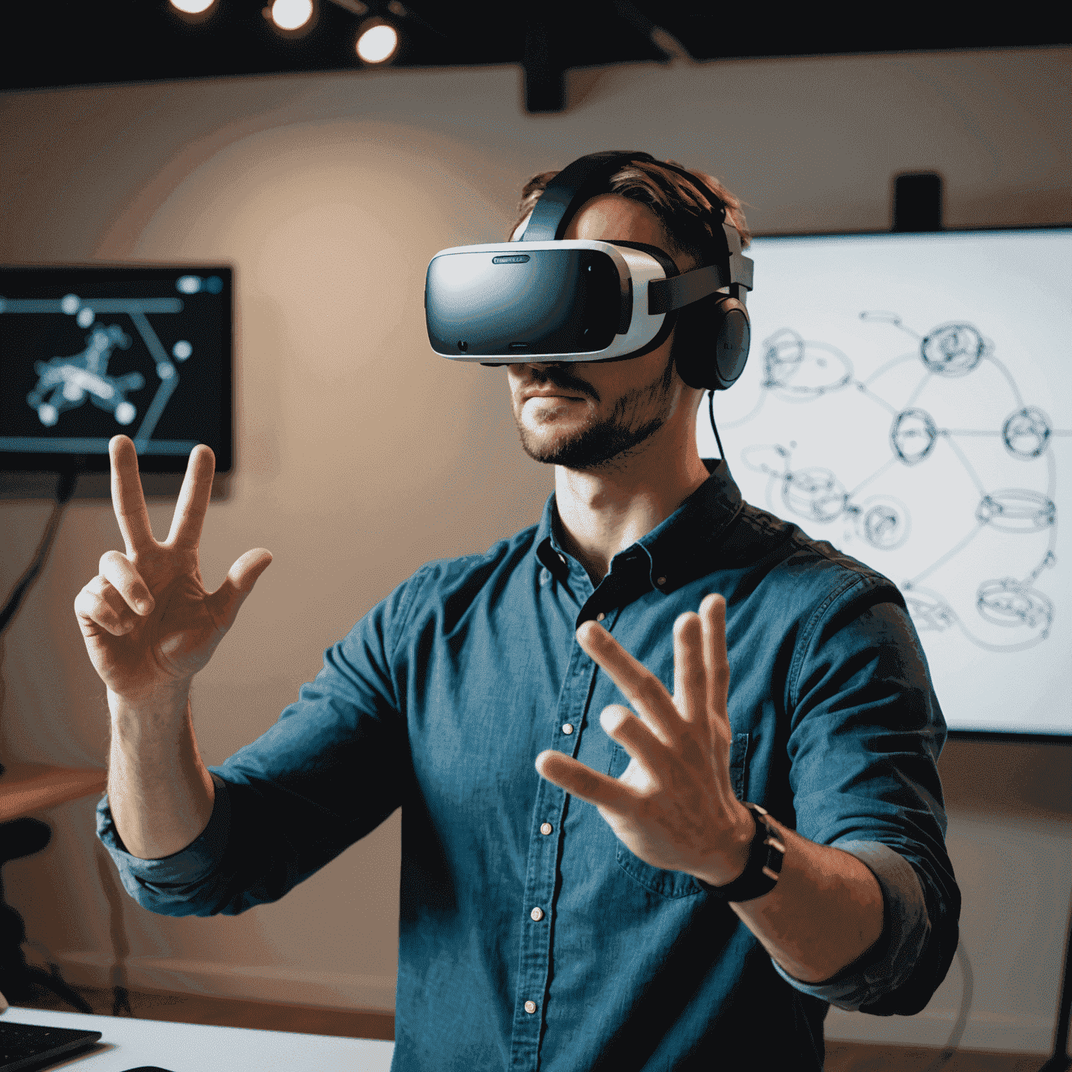 An animator wearing a VR headset, using hand gestures to create 2D animations in a virtual space. The virtual environment is filled with floating sketches and character designs.