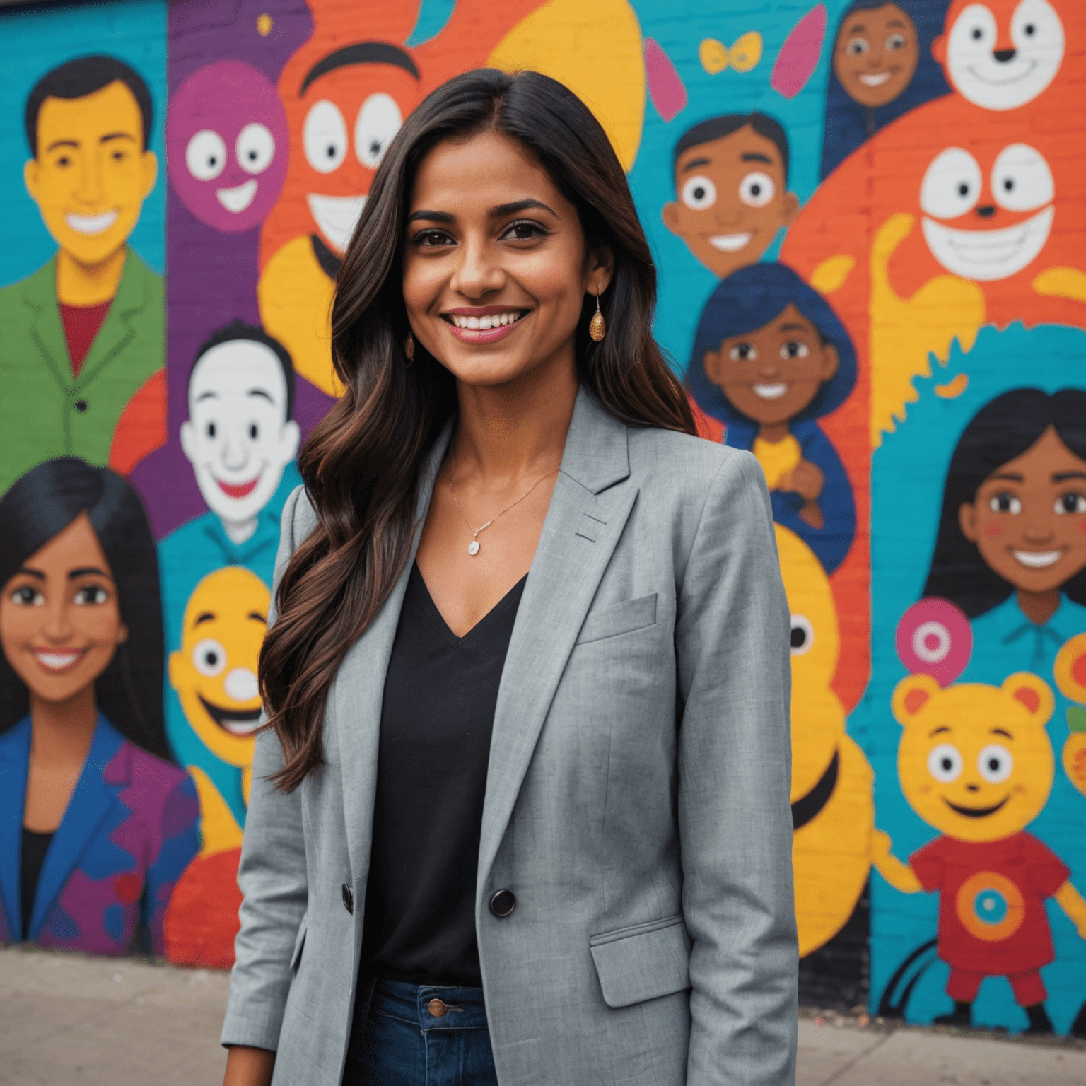 Aisha Patel, a woman with long dark hair and a warm smile. She is wearing a stylish blazer and is standing in front of a colorful mural of animated characters.