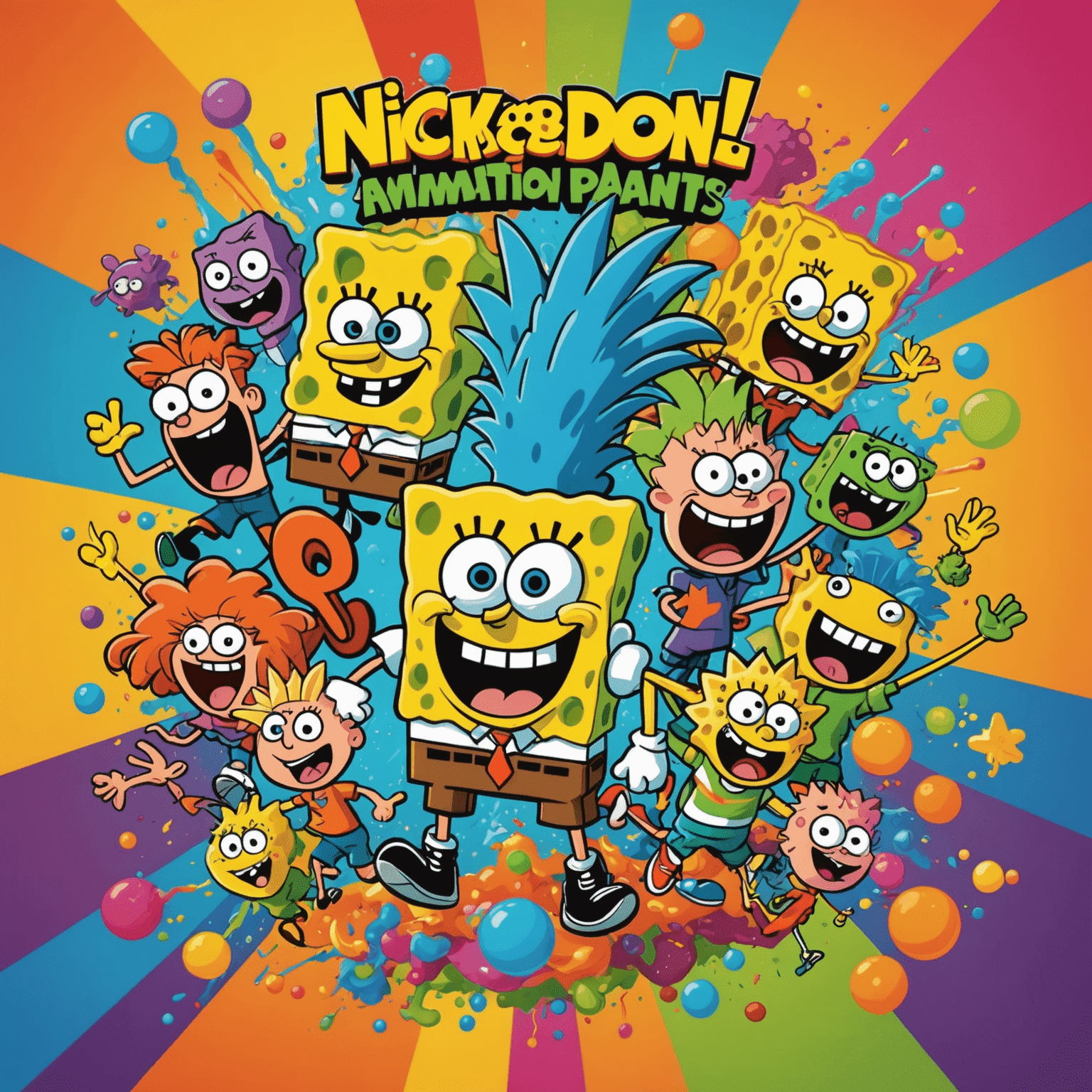 Nickelodeon Animation Studio logo with SpongeBob SquarePants, Rugrats, and other popular Nick characters in a colorful, energetic composition